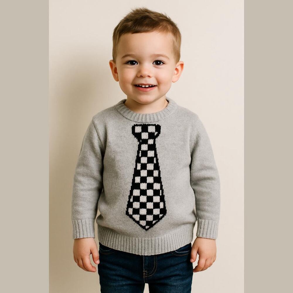 H&M Boys Sweater Size 2 3 4 Gray Black White Checkerboard Tie‎ Lightweight